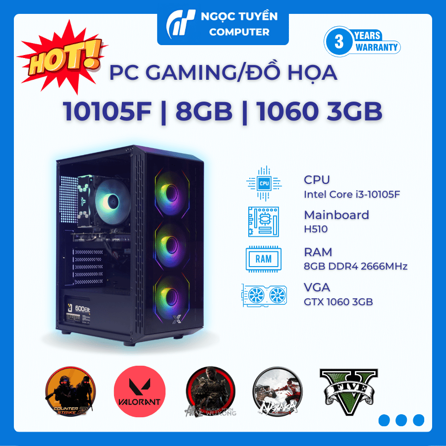 【ゲーミングPC】i3-10105F GTX1060 SSD120G 新品ケース Bộ Case game đồ họa i3-10105F | H510 | 8GB | GTX 1060 3GB | SSD 256GB